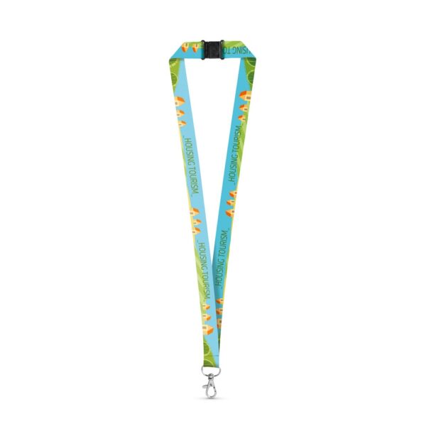 DOVER. Sublimačný lanyard z recyklovaného polyesteru (100 % rPET) s karabínou