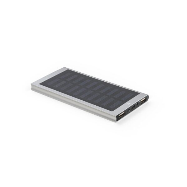 CLERK. 8 000 mAh power banka so solárnym panelom zo 100% recyklovaného hliníka - Saténovo strieborná