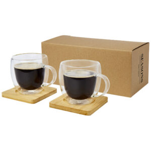 Sklenený dvojstenný téglik Manti s objemom 250 ml s bambusovou táckou - Priehľadná / Prírodné
