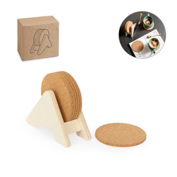 PLYCORK. Stojan z preglejky so 6 korkovými podložkami