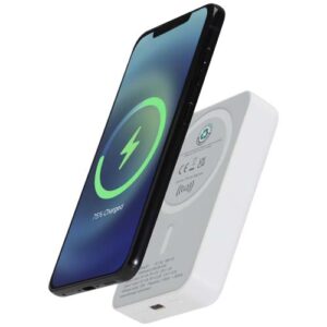 Bezdrôtová 15W magnetická powerbanka Acrab, 10 000 mAh s 20W PD – vyrobené z recyklovaného plastu - Biela