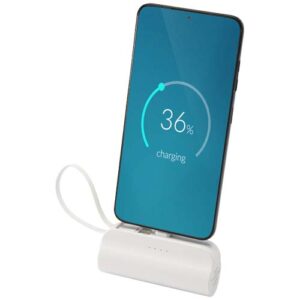 Alnair powerbanka 5000 mAh 10W z recyklovaného plastu s konektorom typu C, výklopným stojanom a káblom 2 v 1 - Biela